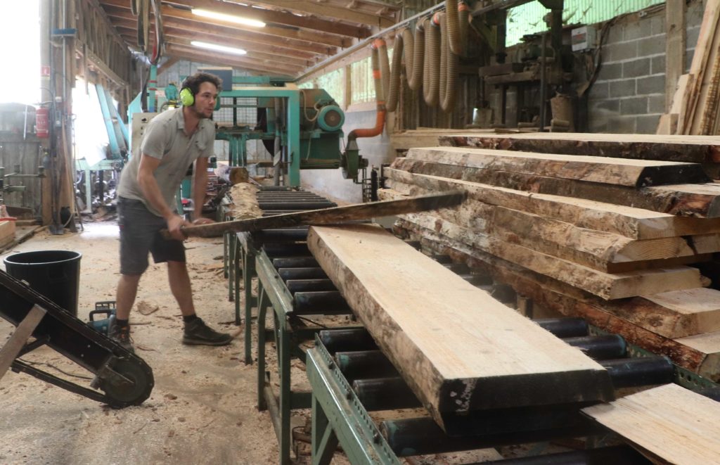 Rik manipulant des planches dans la scierie