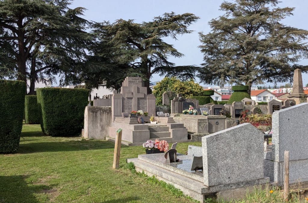 Grands cèdres et pelouse dans les allées de ce cimetière