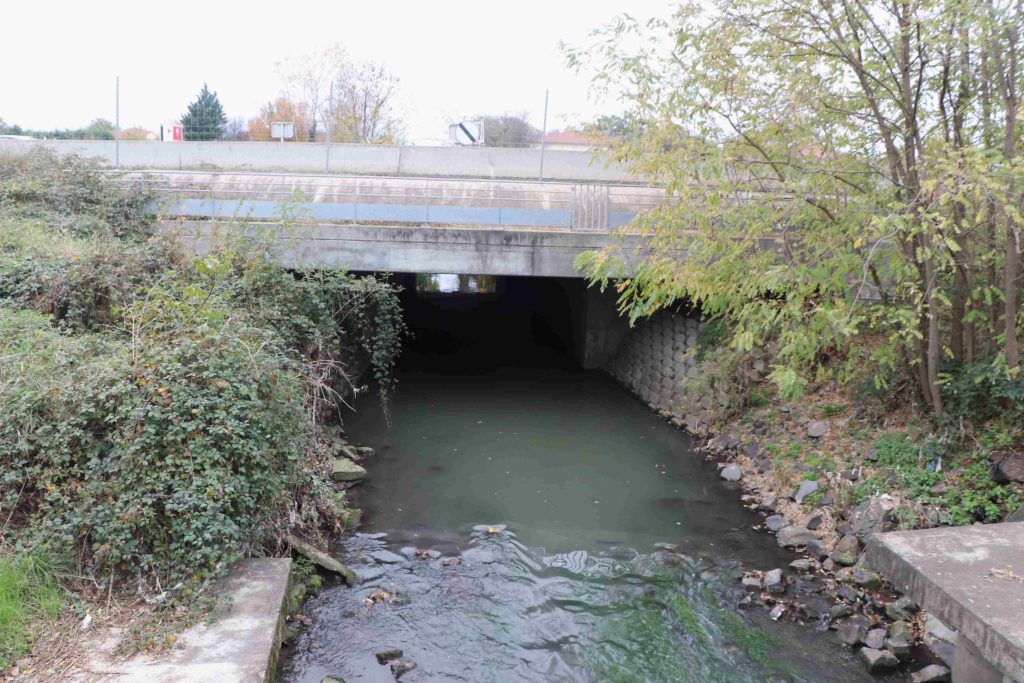 La rivière, à l'aspect peu transparent, émerge après passage sous l'autoroute