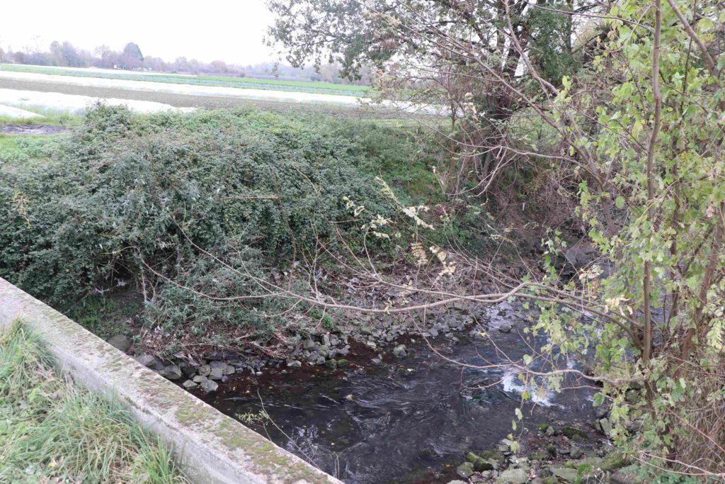 Un pont sur la rivière avec des tunnels de maraîchages dans un champ, au loin