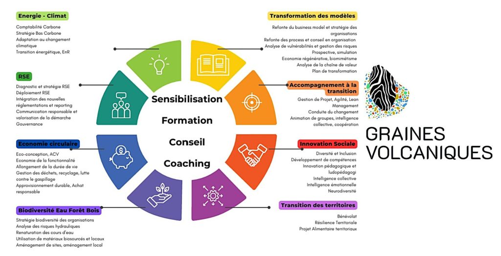 La rosace des compétences et le logo de Graines volcaniques